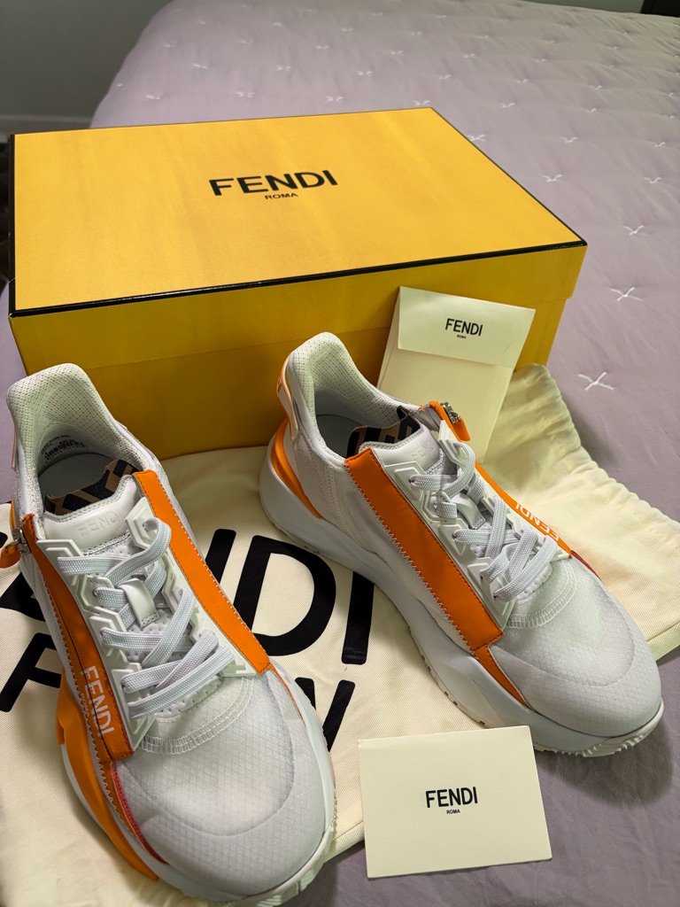 Fendi Women’s White And Orange Leather & Fabric Sneakers